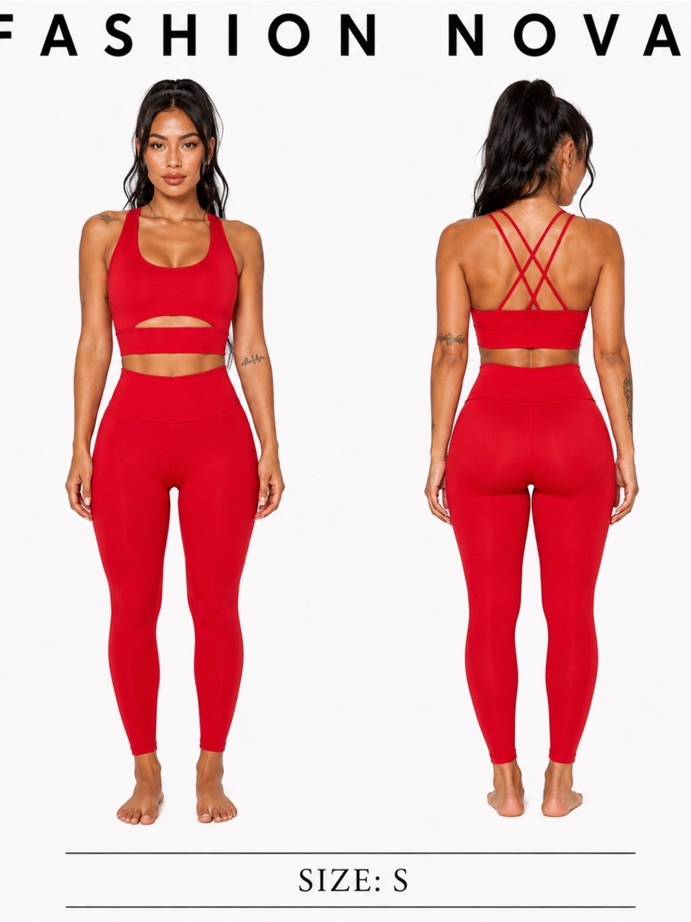 NWOT Fashion Nova Red Strappy Cutout Sports Bra & High-Waist Leggings Set Size S